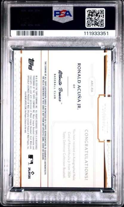 Graded Ronald Acuña Jr. Topps Definitive Relic Green baseball card PSA 7 NM MEM Auto