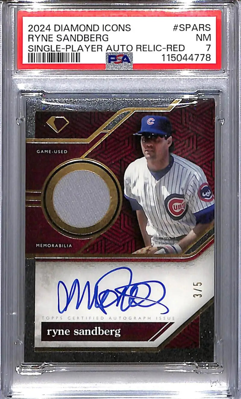 2024 Topps Diamond Icons Red Ryne Sandberg PSA 7 baseball card with autograph and relic