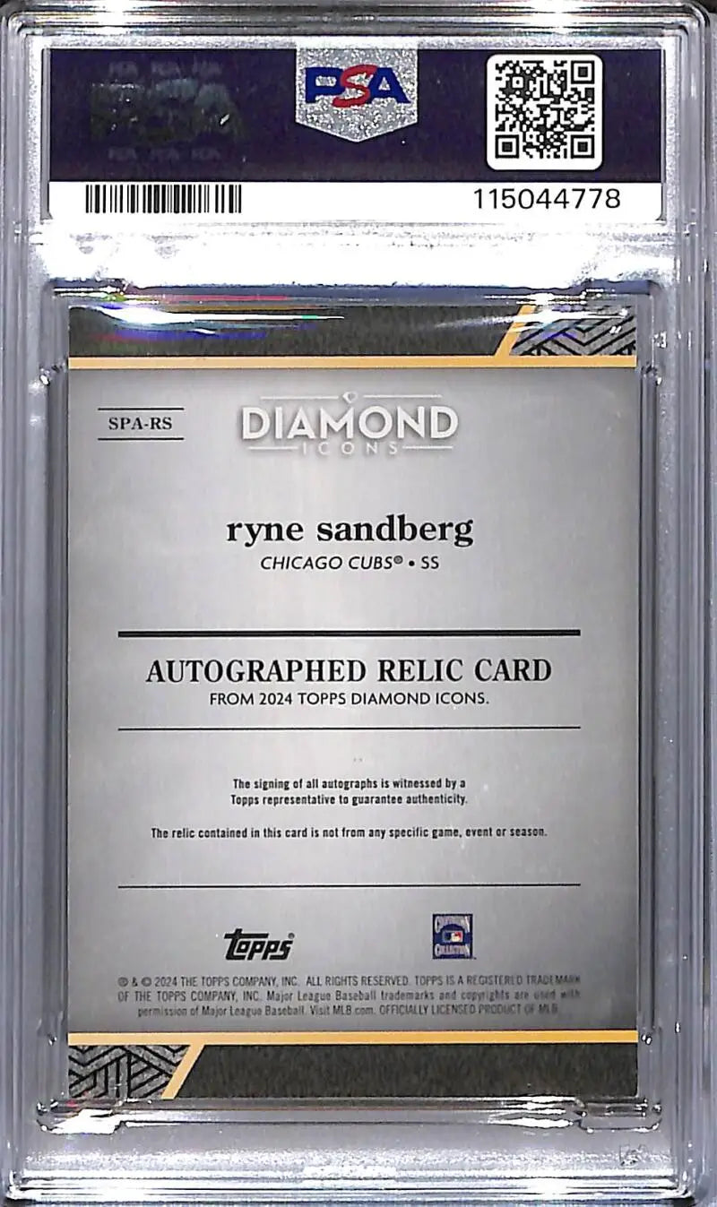 Graded Ryne Sandberg autographed relic baseball card from Topps Diamond Icons Red series