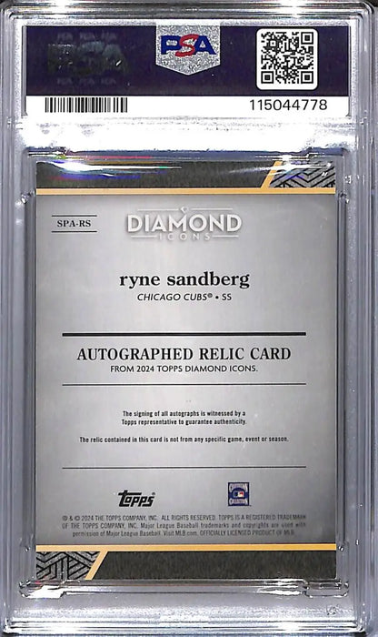 Graded Ryne Sandberg autographed relic baseball card from Topps Diamond Icons Red series
