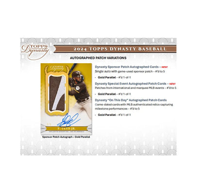 2024 Topps Dynasty Baseball autographed patch card variations in a Topps Dynasty Hobby Box