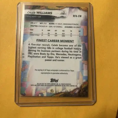 Collectible Caleb Williams rookie finest autographs trading card in protective sleeve from Topps Finest
