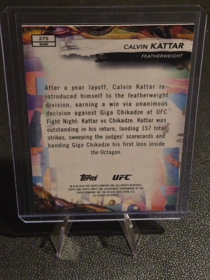 Rare Calvin Kattar UFC trading card in protective case from 2024 Topps Finest UFC series featuring Calvin Kattar Red Shimmer Refractors