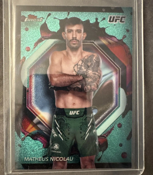 Matheus Nicolau UFC trading card from 2024 Topps Finest UFC with Aqua Glitter Parallel