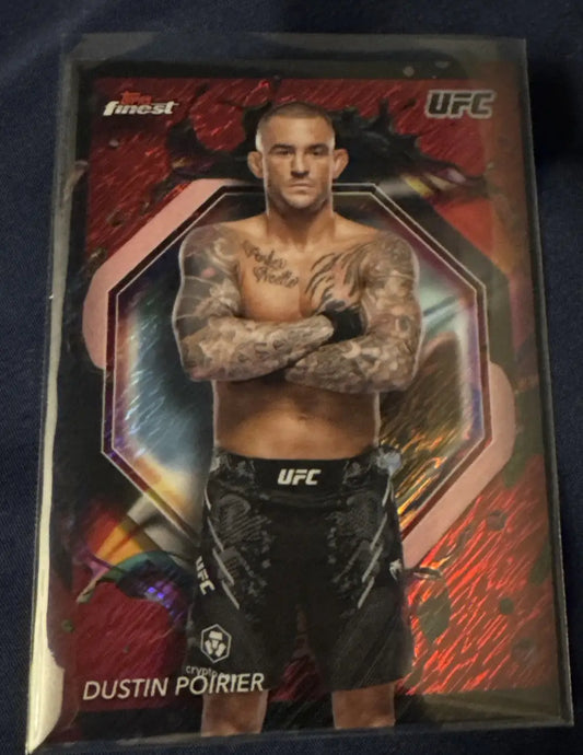 UFC trading card featuring Dustin Poirier from 2024 Topps Finest UFC Red Shimmer Refractor