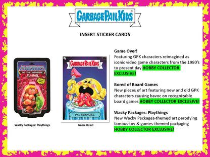 Garbage Pail Kids trading card album cover featuring vibrant cartoon characters and descriptions