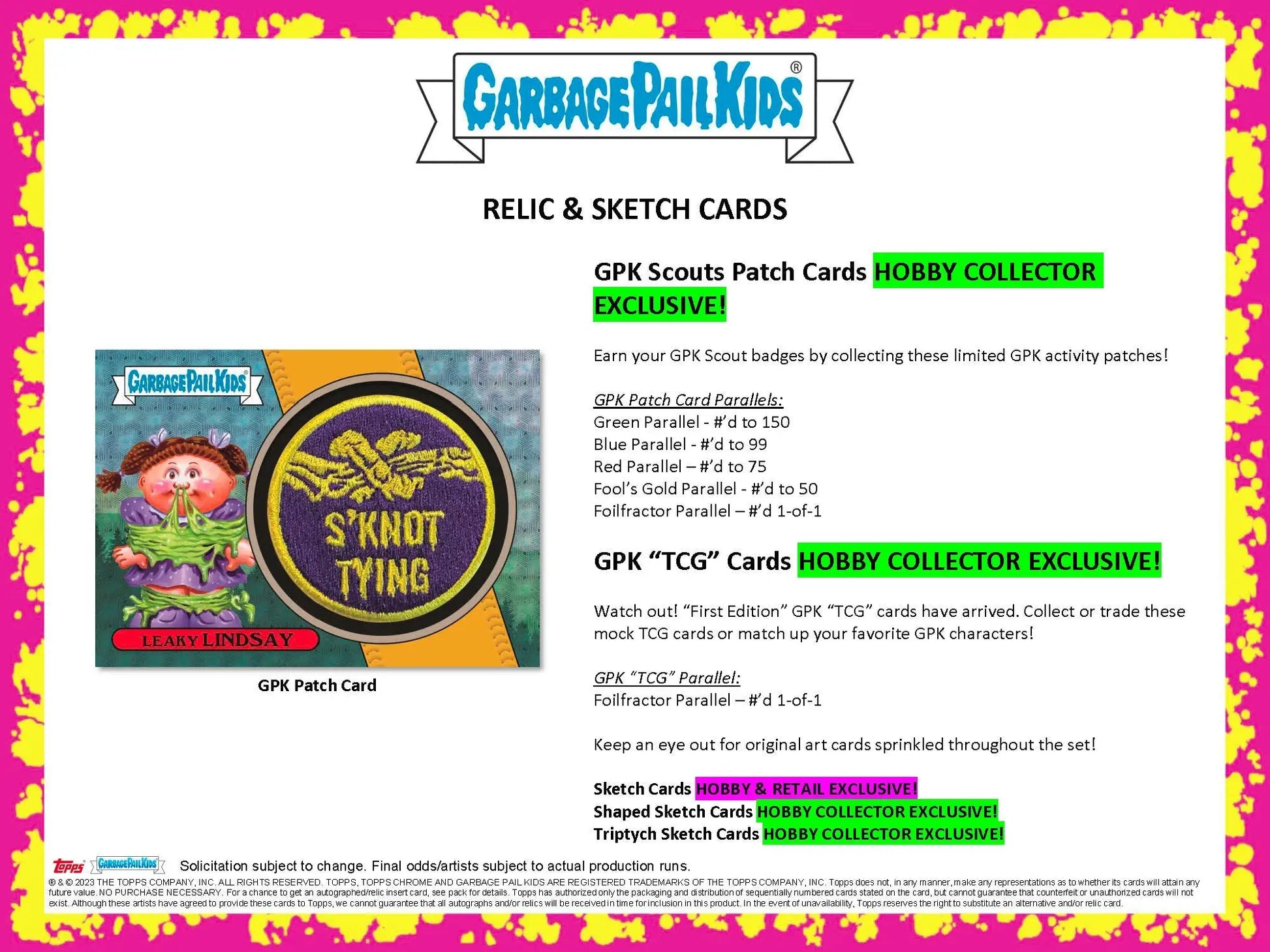 Garbage Pail Kids promotional ad featuring S’Knot Tyng patch in Hobby Direct Box