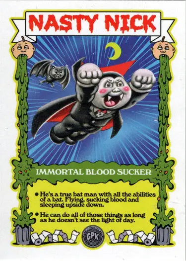Cartoon vampire with a black cape flying, featured in 2024 Topps Garbage Pail Kids trading cards