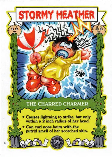Cartoon character in yellow raincoat zapped by lightning on Topps Garbage Pail Kids trading card