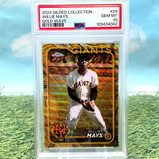 Graded Willie Mays baseball card from 2024 Topps Gilded Collection Gold Wave /75