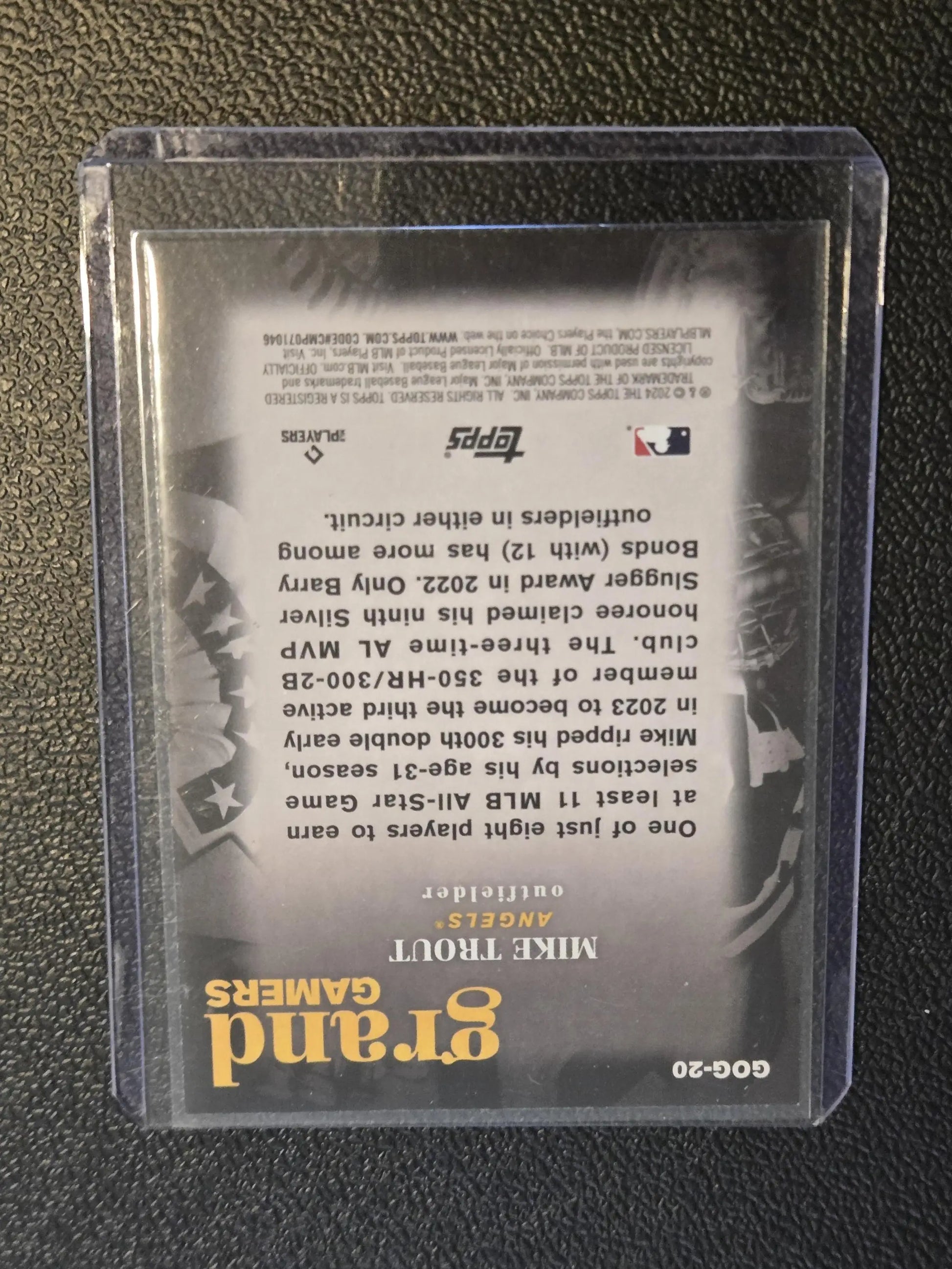 Mike Trout Grand Gamers baseball card in protective sleeve from 2024 Topps GOG-20