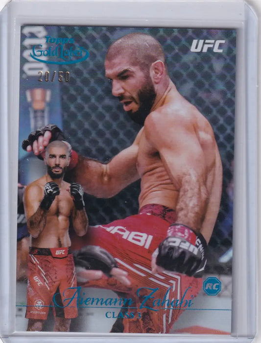 UFC trading card of Aiemann Zahabi Rookie in red shorts from Topps Gold Label Class 3