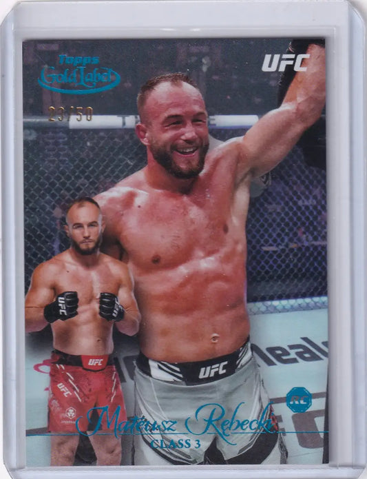 UFC trading card of Mateusz Rębecki celebrating, Topps Gold Label Class 3 Blue 23/50