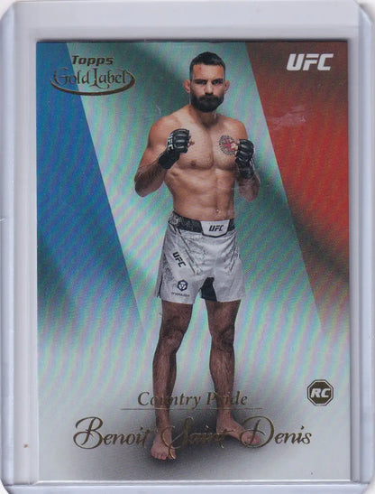 UFC trading card of Benoit Saint Denis in white shorts, Topps Gold Label Country Pride