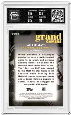 Graded Willie Mays baseball card from 2024 Topps Grand Gamers Willie collection