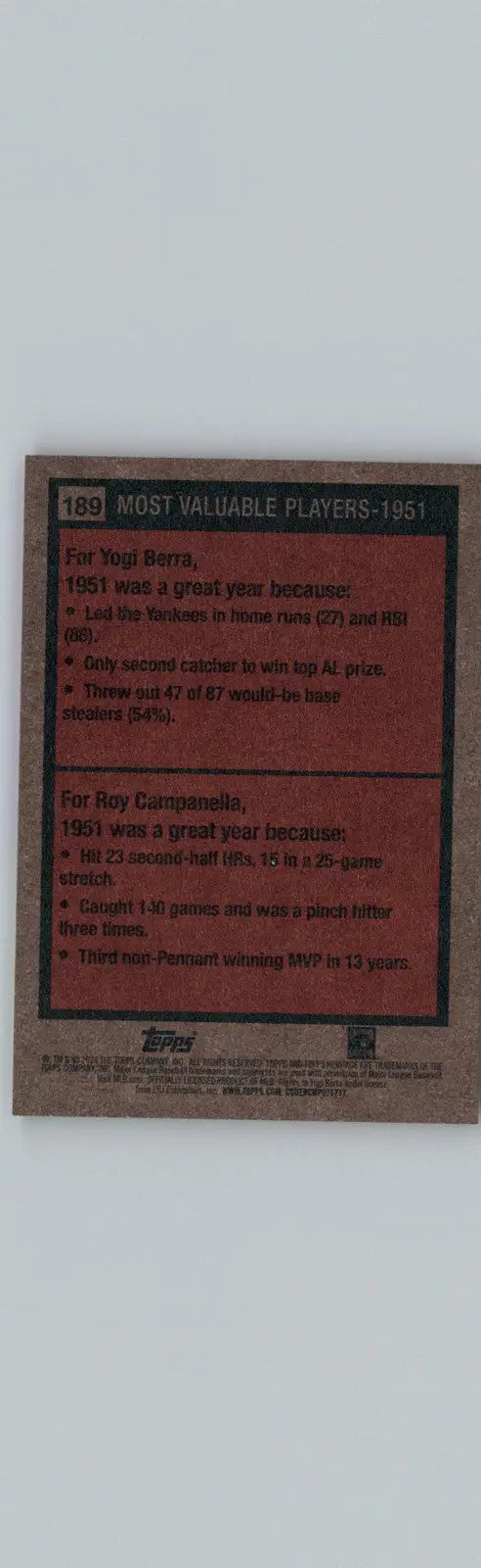 Vintage baseball card of Yogi Berra and Roy Campanella from 2024 Topps Heritage series