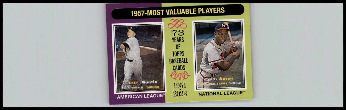 Baseball cards featuring Mickey Mantle and Hank Aaron from 2024 Topps Heritage MVP Spain