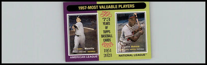 Baseball cards featuring Mickey Mantle and Hank Aaron from 2024 Topps Heritage MVP Spain