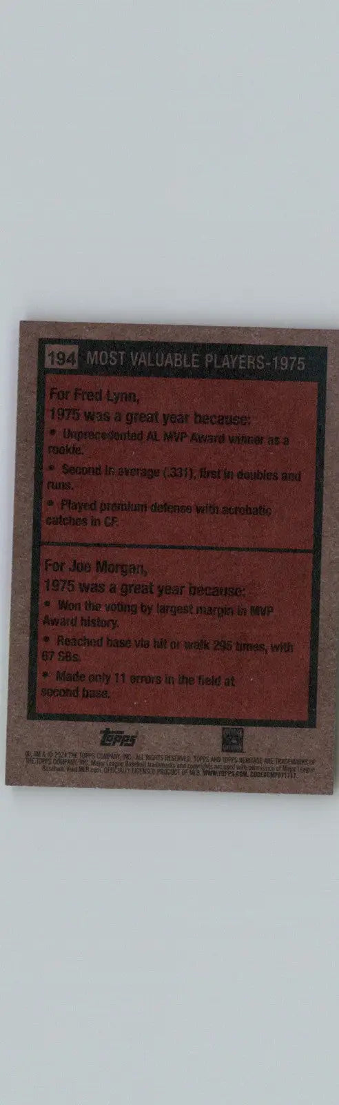 Vintage baseball card from 2024 Topps Heritage featuring Fred Lynn and Joe Morgan
