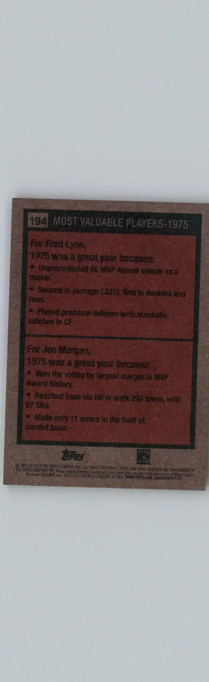 Vintage baseball card from 2024 Topps Heritage featuring Fred Lynn and Joe Morgan