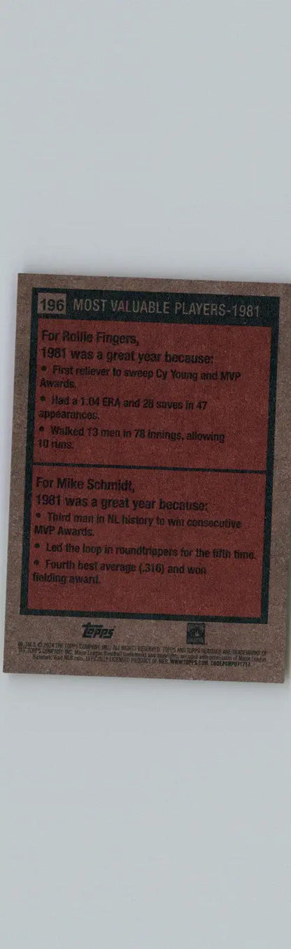 Baseball card back for 2024 Topps Heritage MVP featuring Rollie Fingers and Mike Schmidt