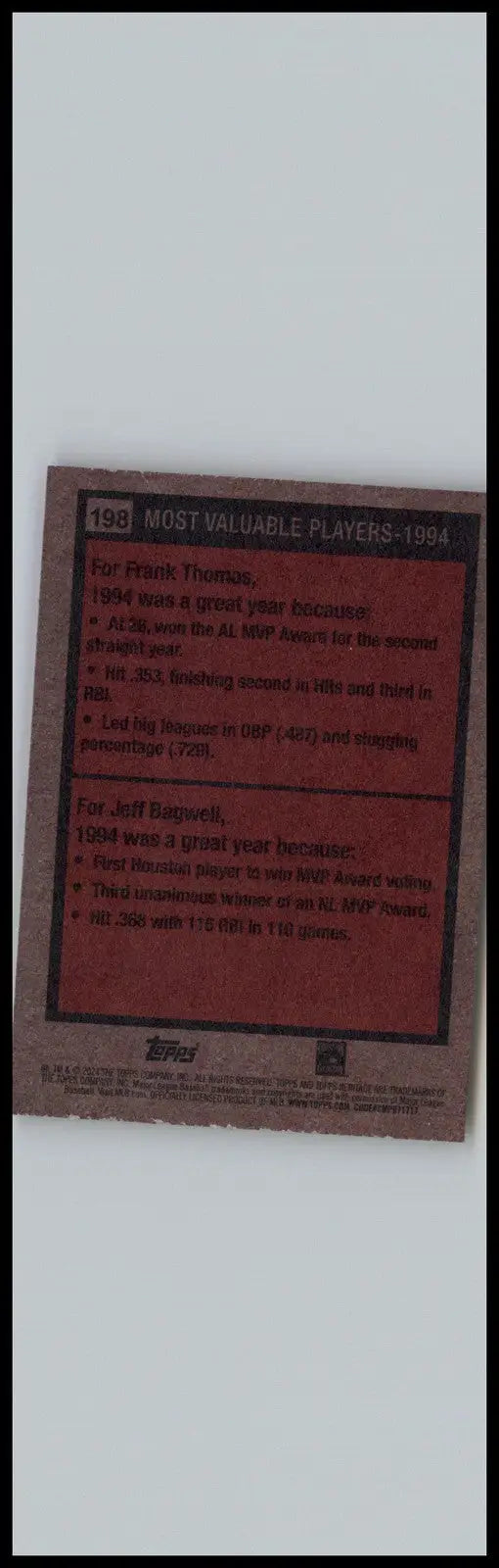 Baseball card back from 2024 Topps Heritage featuring Frank Thomas and Jeff Bagwell MVPs