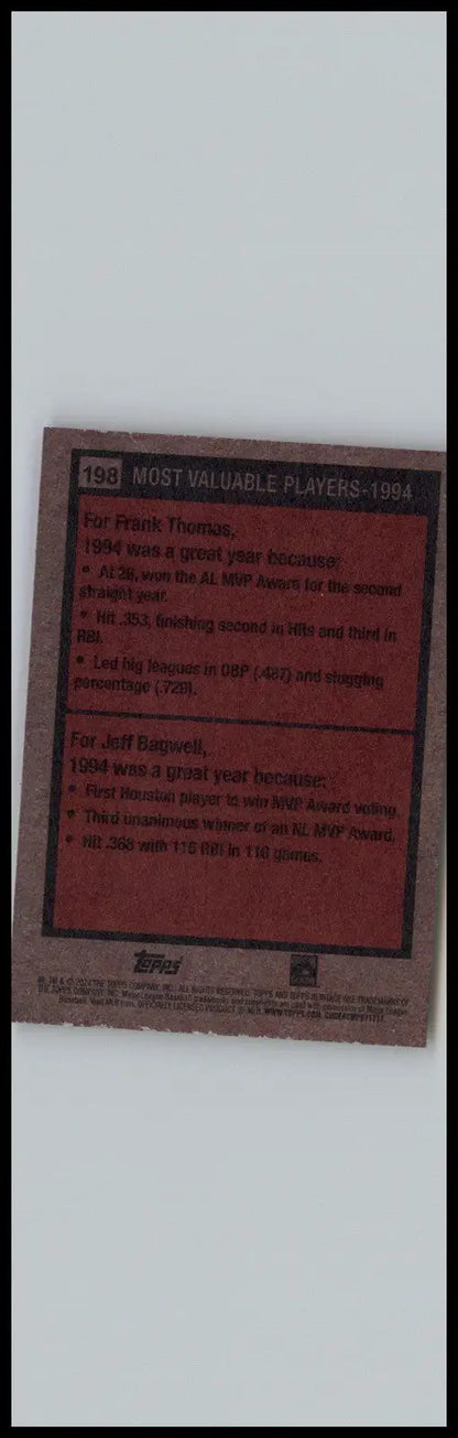 Baseball card back from 2024 Topps Heritage featuring Frank Thomas and Jeff Bagwell MVPs