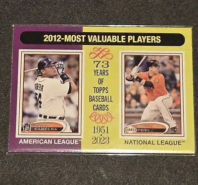 Baseball card from 2024 Topps Heritage featuring 2012 MVPs Miguel Cabrera and Buster Posey