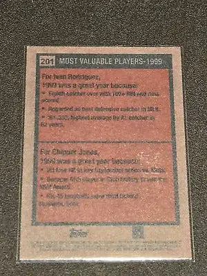 Baseball card back from 2024 Topps Heritage featuring Ivan Rodriguez and Chipper Jones