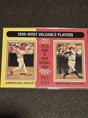 1999 Topps Heritage MVPs baseball card featuring Ivan Rodriguez and Chipper Jones