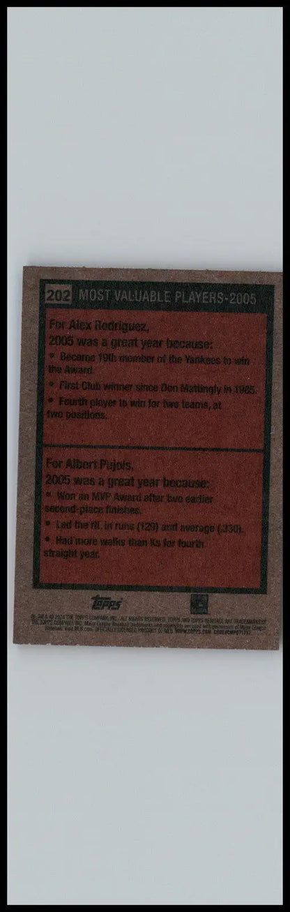 Baseball card featuring Alex Rodriguez and Albert Pujols from 2024 Topps Heritage MVP series