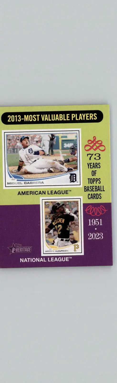 Topps Heritage baseball card set featuring Miguel Cabrera and Andrew McCutchen MVPs