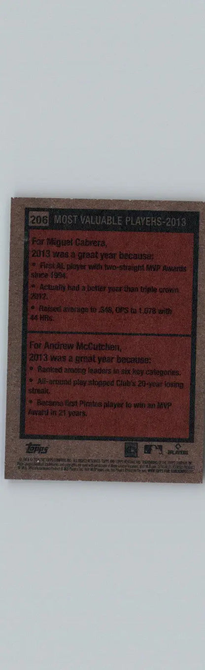 Baseball card with player info from 2024 Topps Heritage featuring Miguel Cabrera and Andrew McCutchen