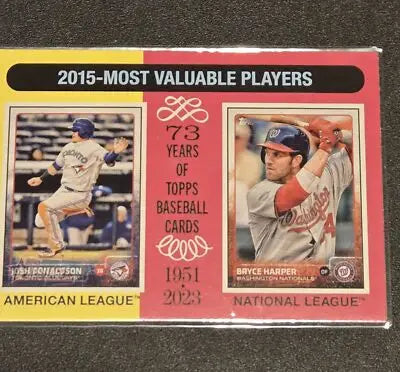 2015 Topps Heritage baseball card featuring Josh Donaldson and Bryce Harper MVPs
