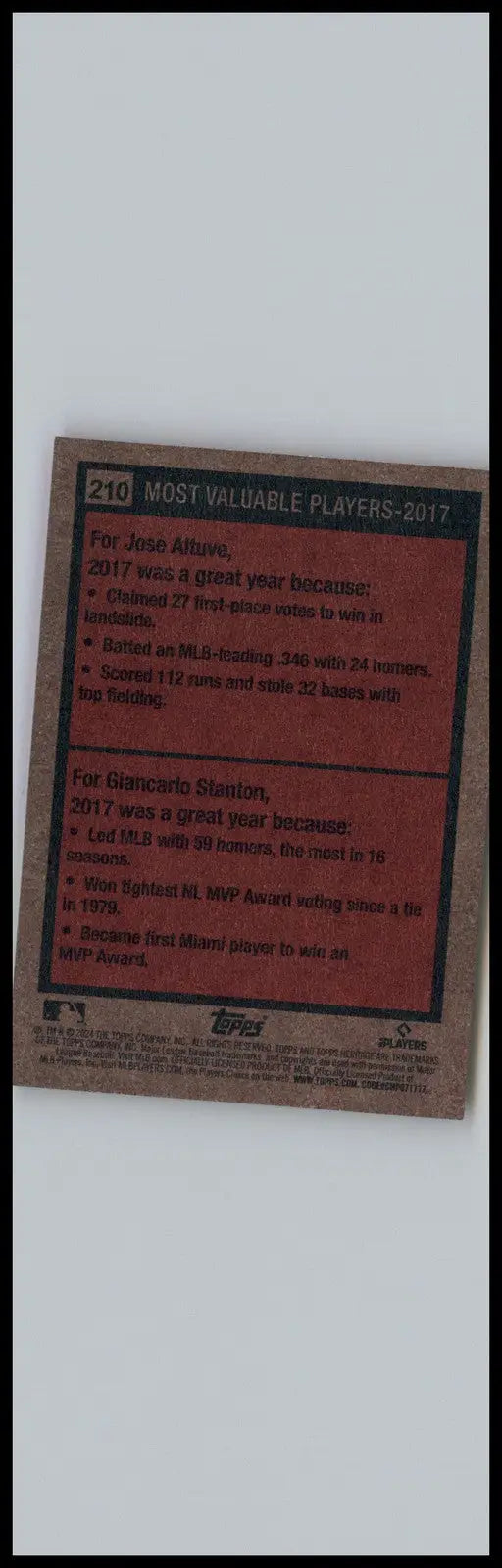 Baseball card featuring Jose Altuve and Giancarlo Stanton from 2024 Topps Heritage MVP series