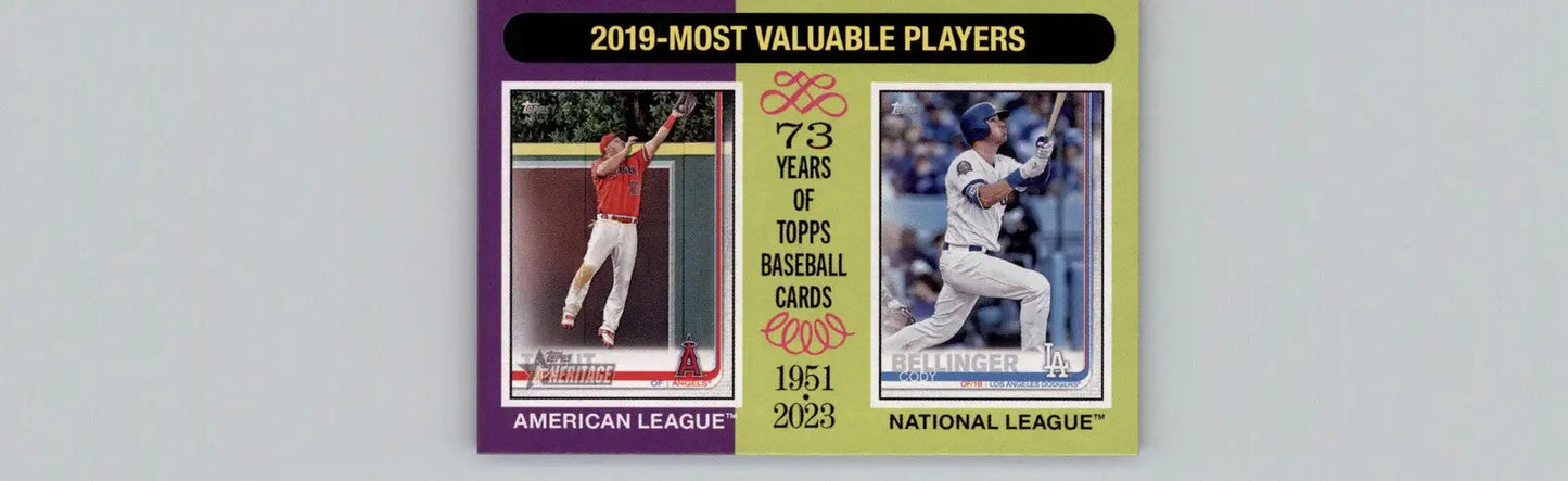 Baseball cards commemorating 73 years of Topps Heritage featuring Mike Trout and Cody Bellinger