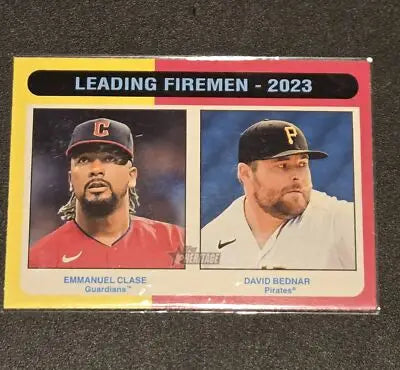 Baseball card featuring Emmanuel Clase and David Bednar from 2024 Topps Heritage Leading Firemen series