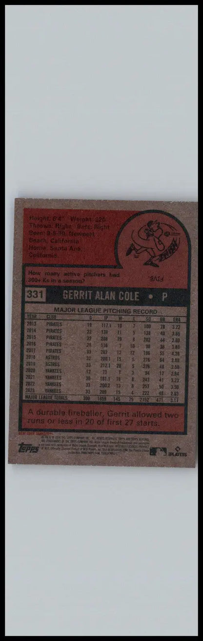 Back of 2024 Topps Heritage Gerrit Cole Baseball card featuring player stats and info