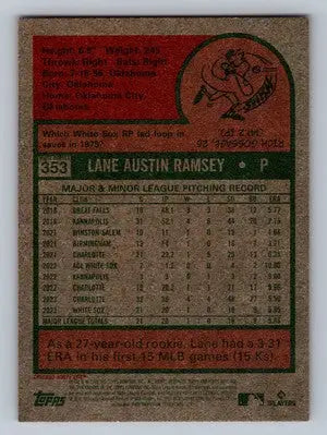 Baseball card back of 2024 Topps Heritage #353 Lane Ramsey RC with red border design