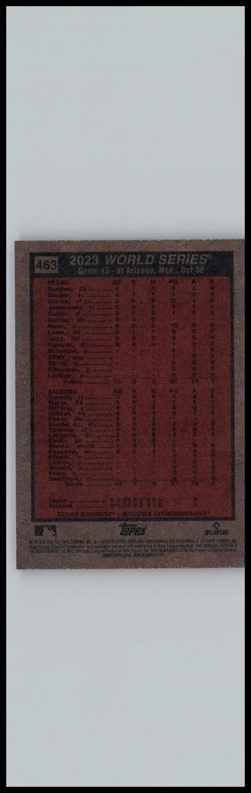 Baseball card back from 2024 Topps Heritage World Series 2023 Texas Rangers game