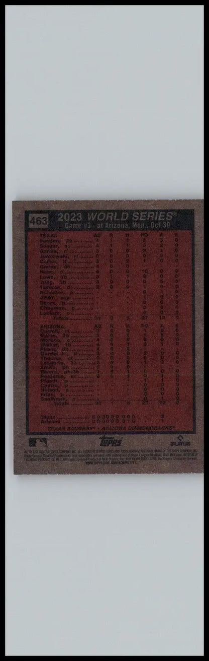 Baseball card back from 2024 Topps Heritage World Series 2023 Texas Rangers game