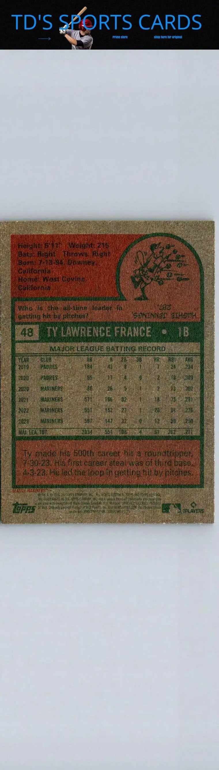 Baseball card back featuring 2024 Topps Heritage Ty France collectible detail