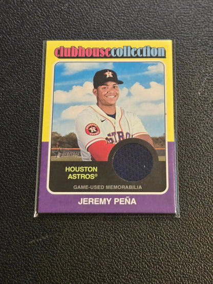Collectible Jeremy Peña Topps Heritage clubhouse collection relics baseball card with game-used memorabilia