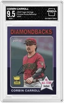 Corbin Carroll baseball card from 2024 Topps Heritage Chrome Purple Refractor