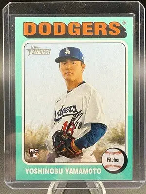 Yoshinobu Yamamoto baseball card from 2024 Topps Heritage High Number series with aqua border