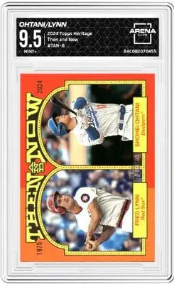 Graded baseball card of Shohei Ohtani and Fred Lynn from 2024 Topps Heritage series