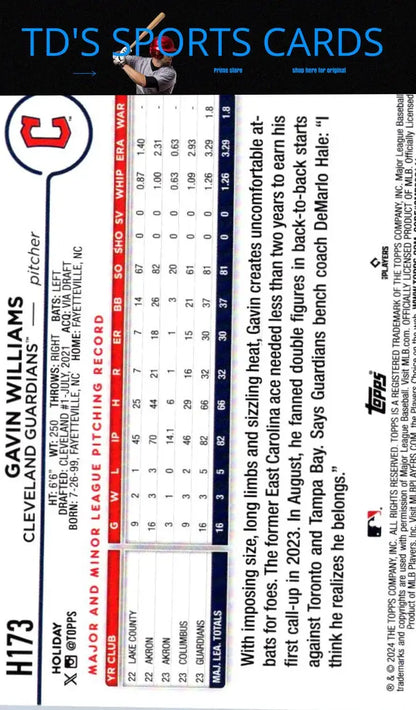 Baseball card back of 2024 Topps Holiday H173 Gavin Williams Silver Glitter