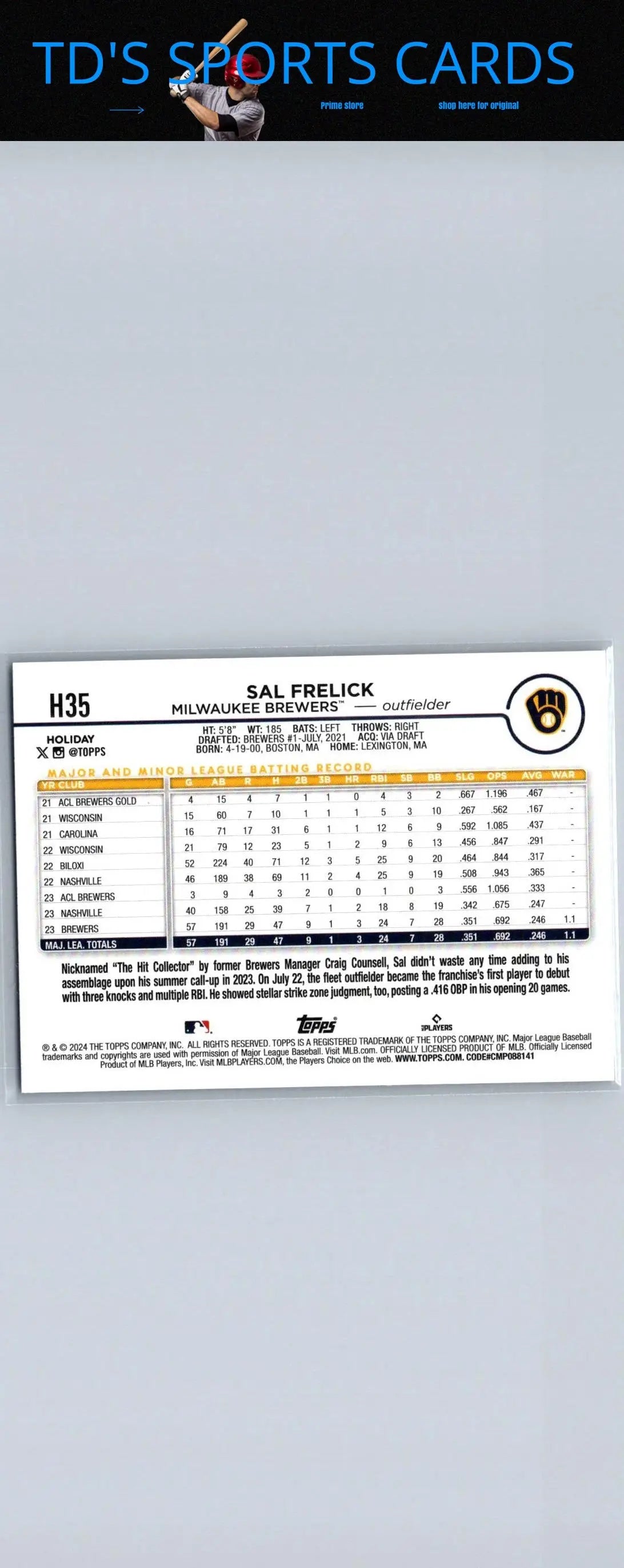 Baseball card back featuring Sal Frelick from 2024 Topps Holiday H35 Sal Frelick
