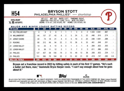Bryson Stott baseball card from 2024 Topps Holiday H54 Bryson Stott set