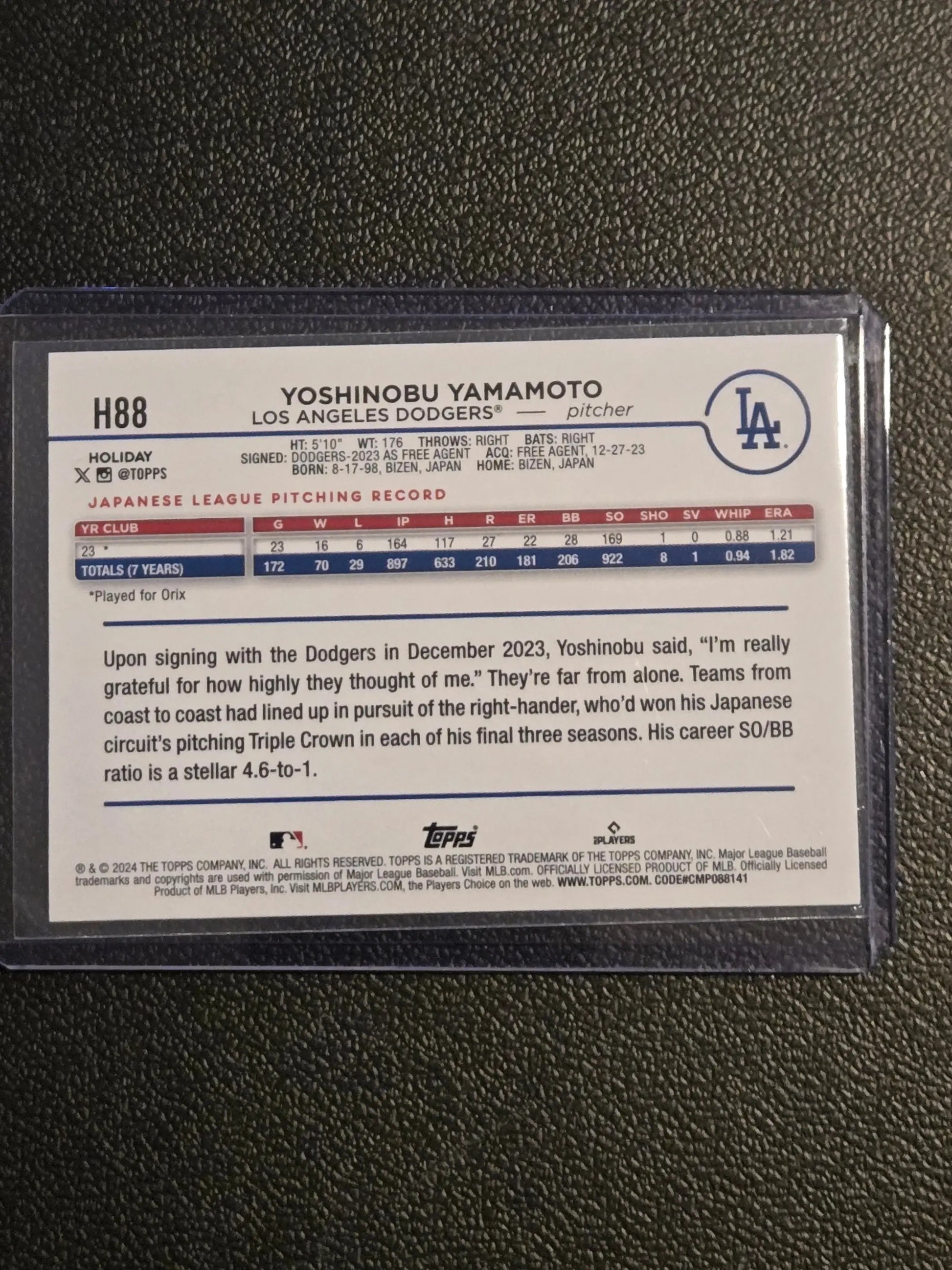 Baseball card of Yoshinobu Yamamoto from 2024 Topps Holiday H88b Yoshinobu Yamamoto